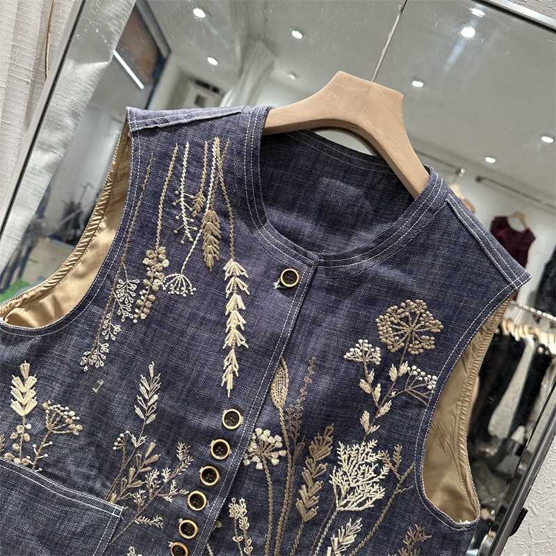 レディースベスト 草花刺繍デニムベスト