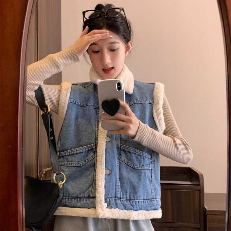 レディースベスト もこもこ襟付きデニムベスト