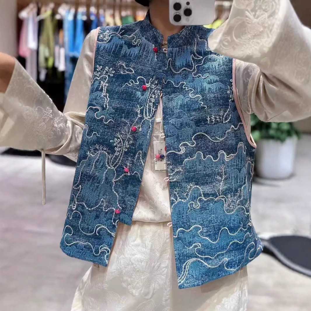 レディースベスト 和風刺繍デザイン ゆったりベスト