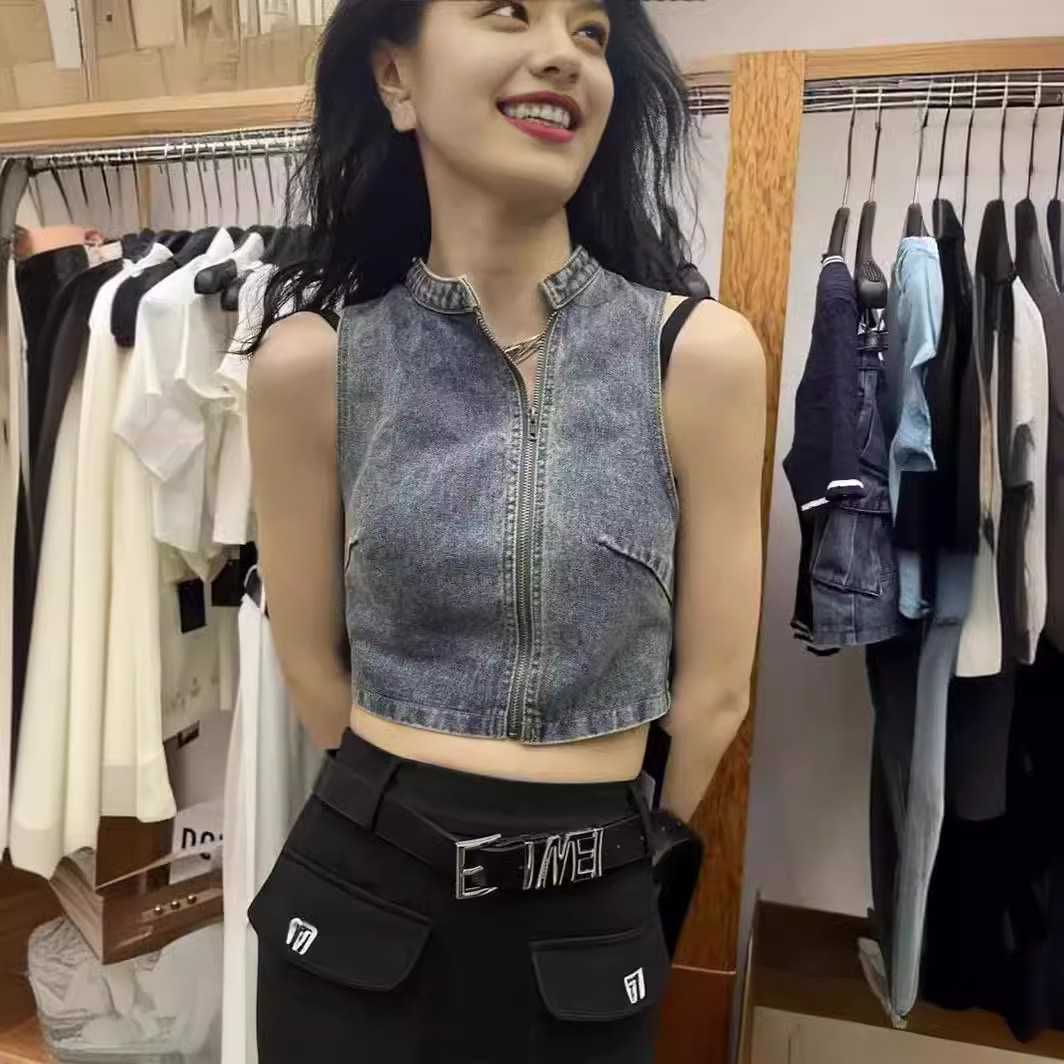レディースベスト ハイネックジップアップデニムベスト