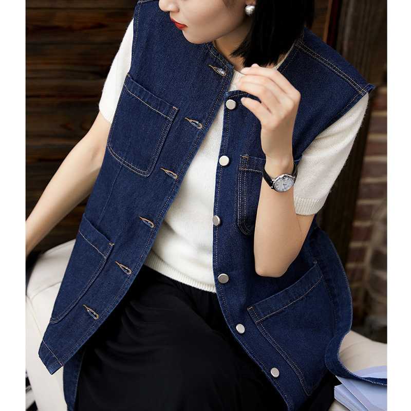 レディースベスト ポケット付きサロペット風デニムベスト
