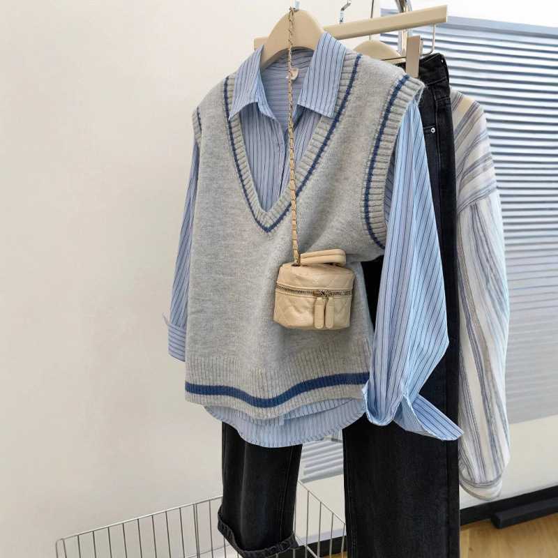 レディースベスト ストライプ配色デザインニットベスト