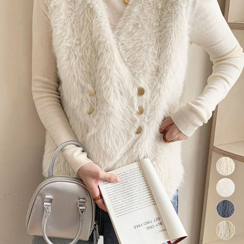 レディースベストファー ふわふわダブルボタンベスト