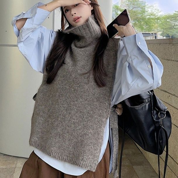 レディースベスト ニットタートルネックサイドスリットベスト 