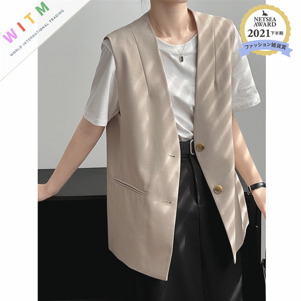 レディースベスト 春新作 上品ベージュ ロング丈ベスト レディース 袖なし