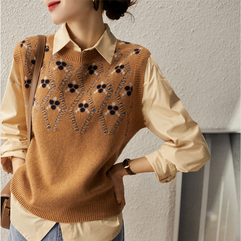 レディースベスト 花柄刺繍ニットベスト レディース袖なし重ね着トップス