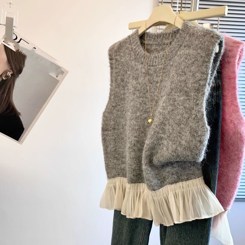 レディースベスト 韓国風ニットベスト裾フリル付き レディース