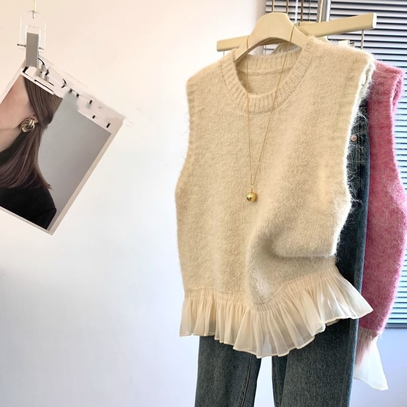 レディースベスト 韓国風ニットベスト裾フリル付き レディース
