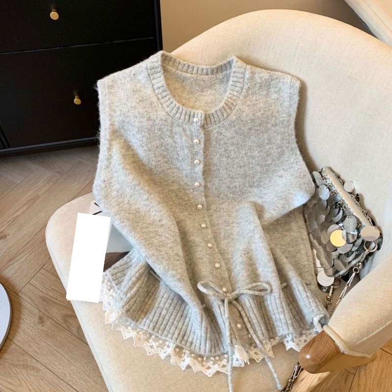 レディースベスト 韓国風ニットベスト レース裾パール釦 袖なしカーディガン