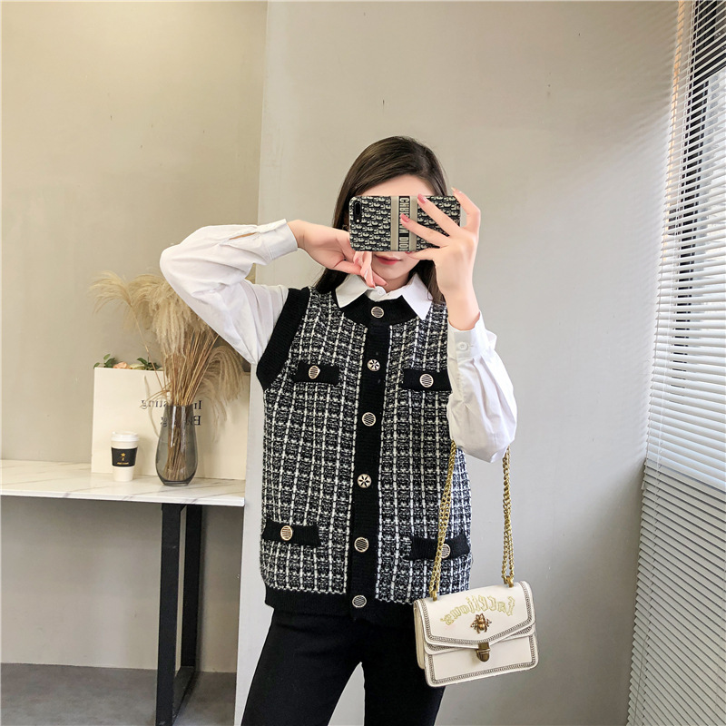 レディースベスト ツイード風チェック柄ボタン付き ベストニット