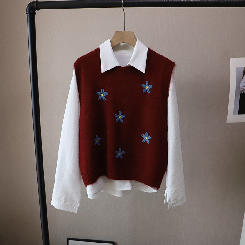 レディースベスト 花刺繍ニットベストセット 白シャツ重ね着風 韓国風