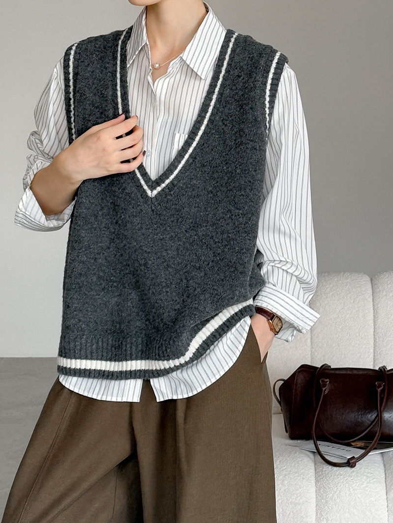 レディースベスト 秋冬新作ニットベスト レディース 重ね着風 三色展開