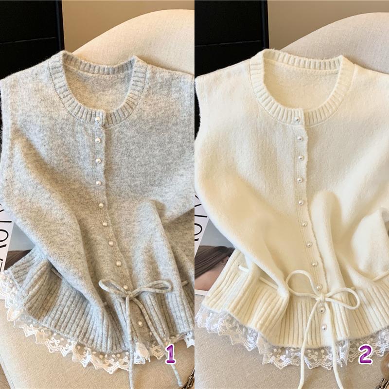 レディースベスト 韓国風ニットベスト レース裾パール釦 袖なしカーディガン