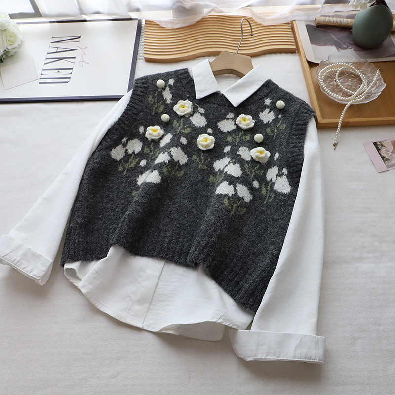 レディースベスト 花柄刺繍ニットベスト重ね着風韓国風レディーストップス