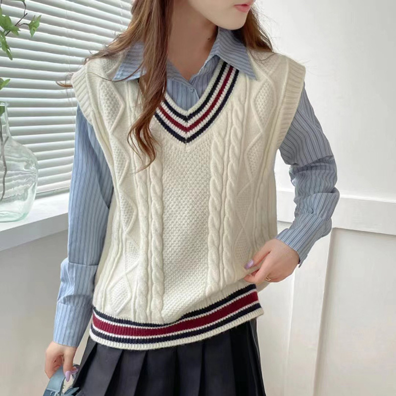 レディースベスト ケーブル編みライン入り学生風 ニットベスト