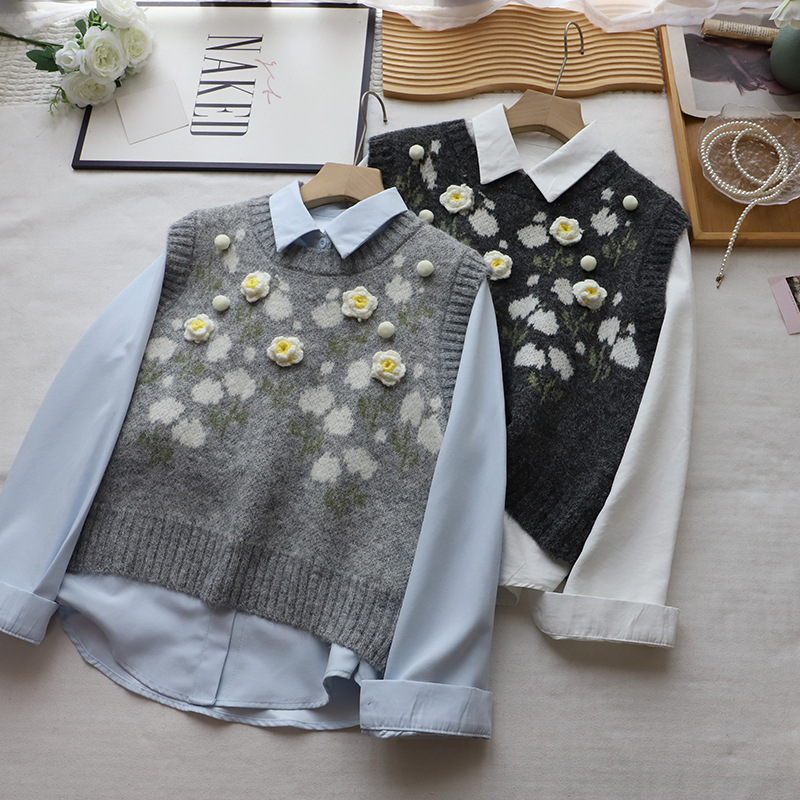レディースベスト 花柄刺繍ニットベスト重ね着風韓国風レディーストップス