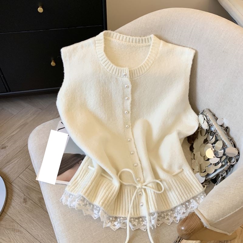 レディースベスト 韓国風ニットベスト レース裾パール釦 袖なしカーディガン