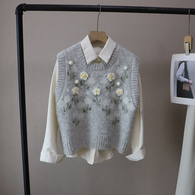 レディースベスト 花柄刺繍ニットベスト重ね着風韓国風レディーストップス