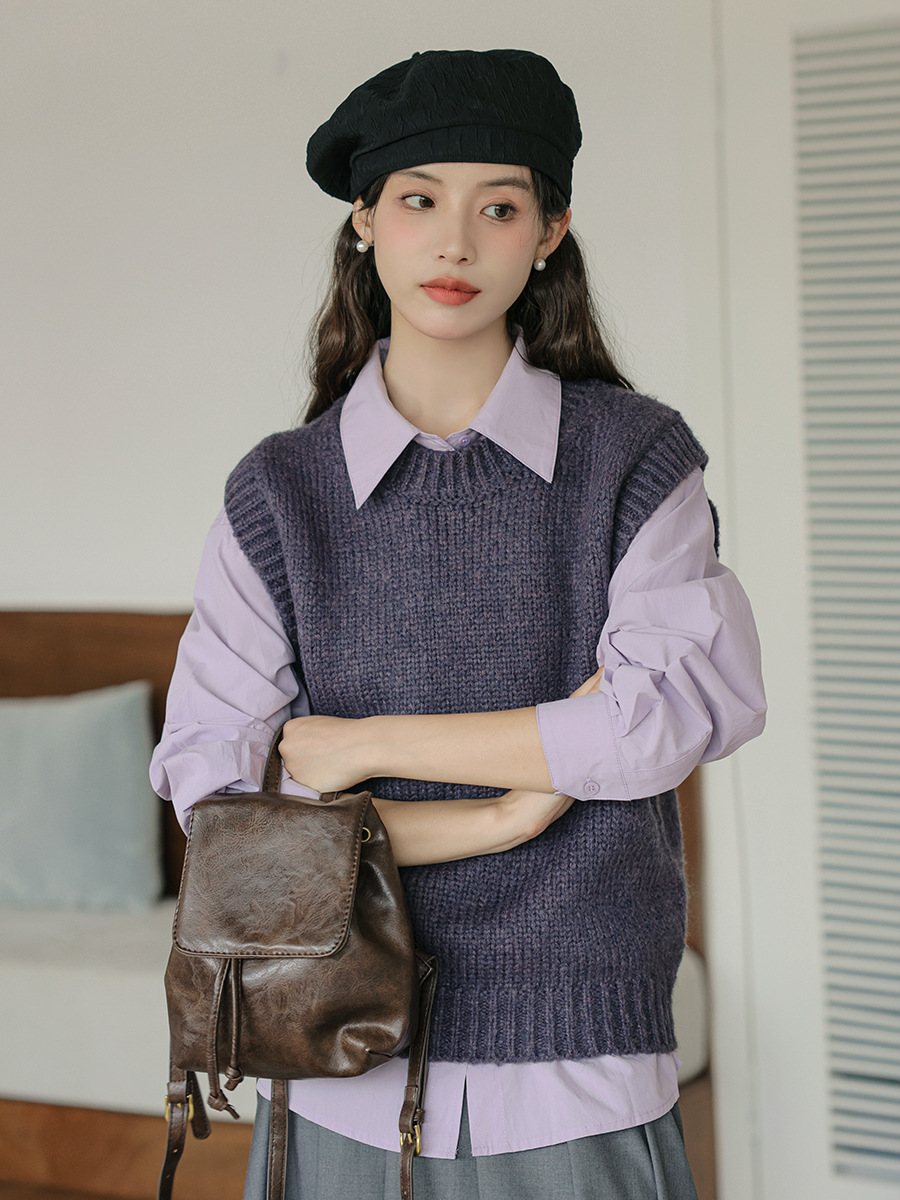 レディースベスト レディースニットベスト重ね着風長袖ブラウス2色セット