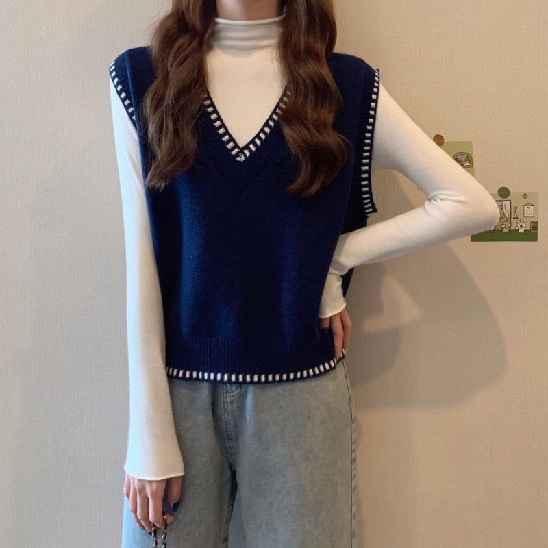 レディースベスト パール風装飾付きブイネックニットベスト