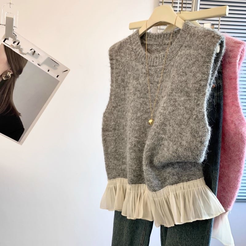 レディースベスト 韓国風ニットベスト裾フリル付き レディース