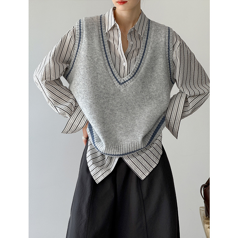 レディースベスト 秋冬新作ニットベスト レディース 重ね着風 三色展開