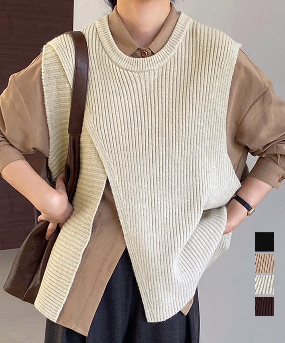 レディースベスト リブニットベスト 前後スリット入り重ね着ジレ