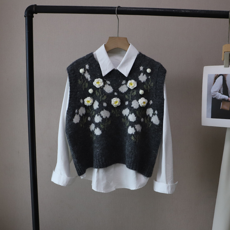 レディースベスト 花柄刺繍ニットベスト重ね着風韓国風レディーストップス