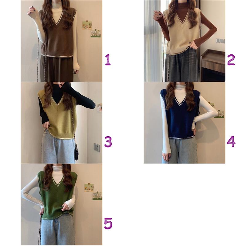 レディースベスト パール風装飾付きブイネックニットベスト