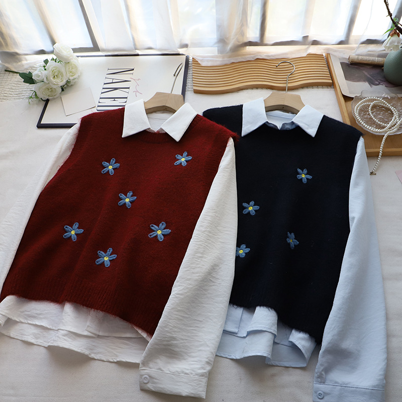 レディースベスト 花刺繍ニットベストセット 白シャツ重ね着風 韓国風