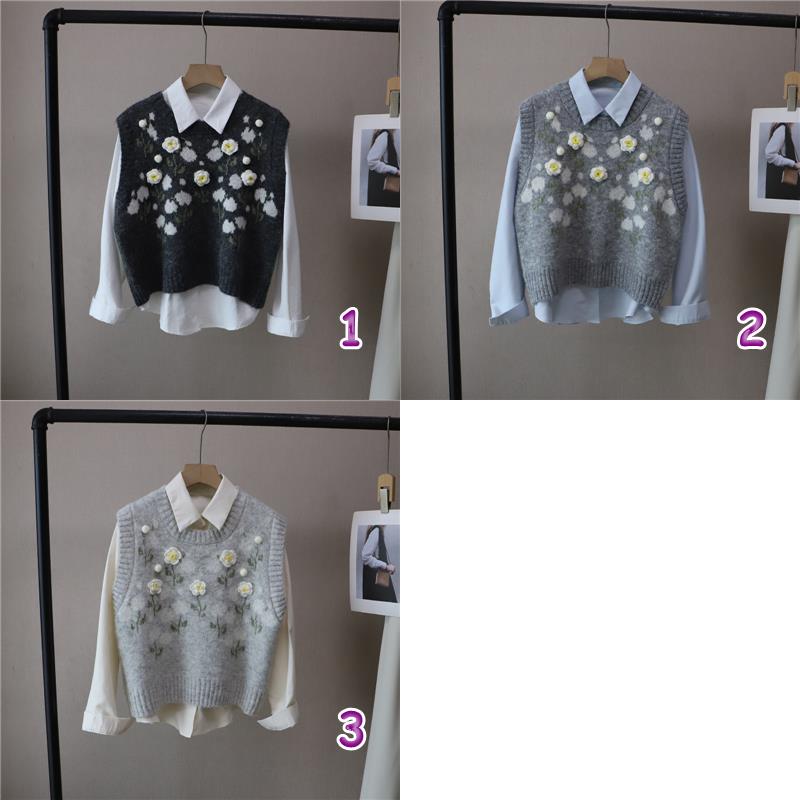 レディースベスト 花柄刺繍ニットベスト重ね着風韓国風レディーストップス