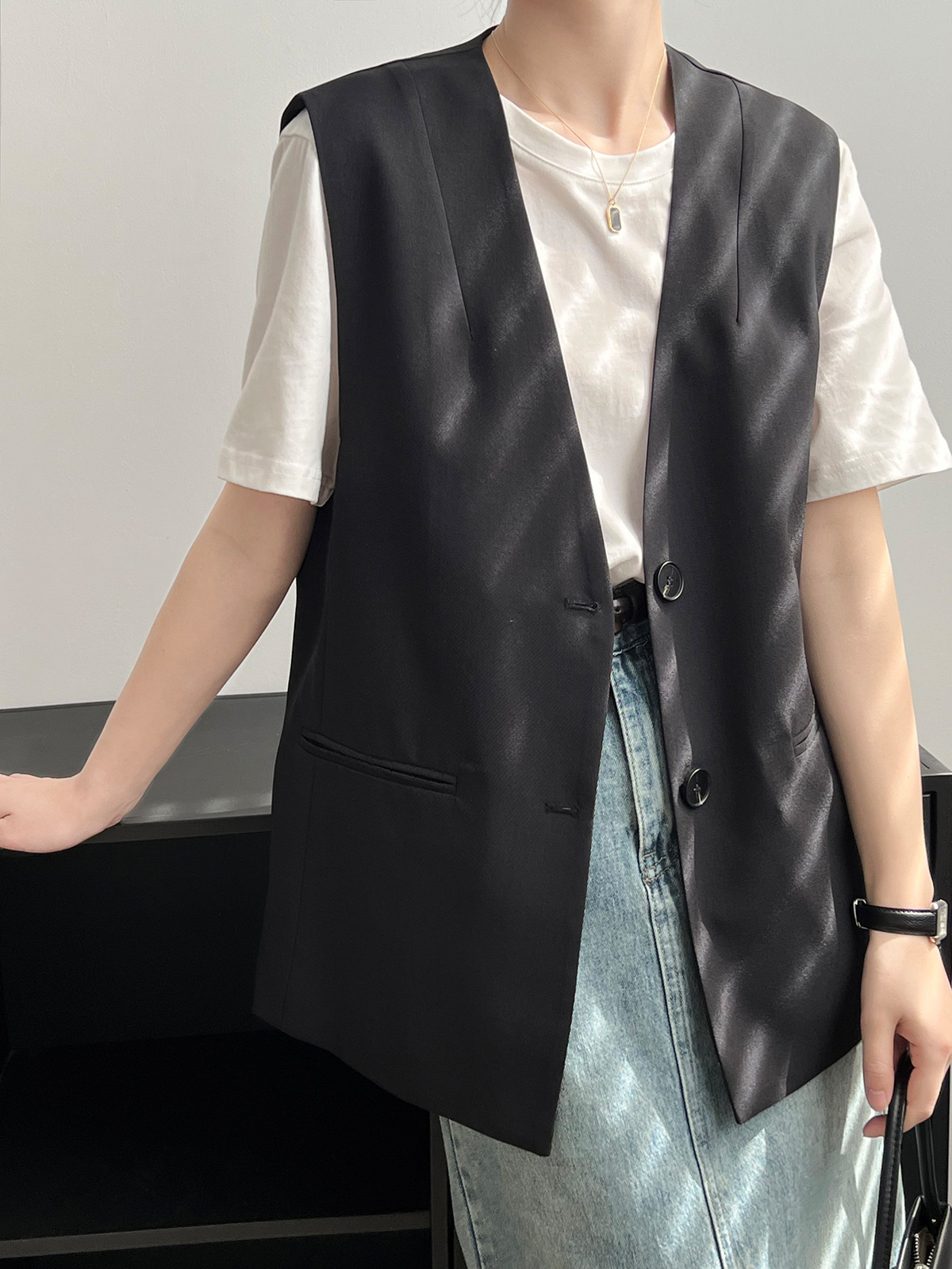 レディースベスト 春新作 上品ベージュ ロング丈ベスト レディース 袖なし