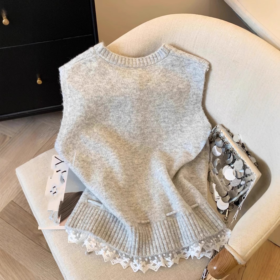 レディースベスト 韓国風ニットベスト レース裾パール釦 袖なしカーディガン