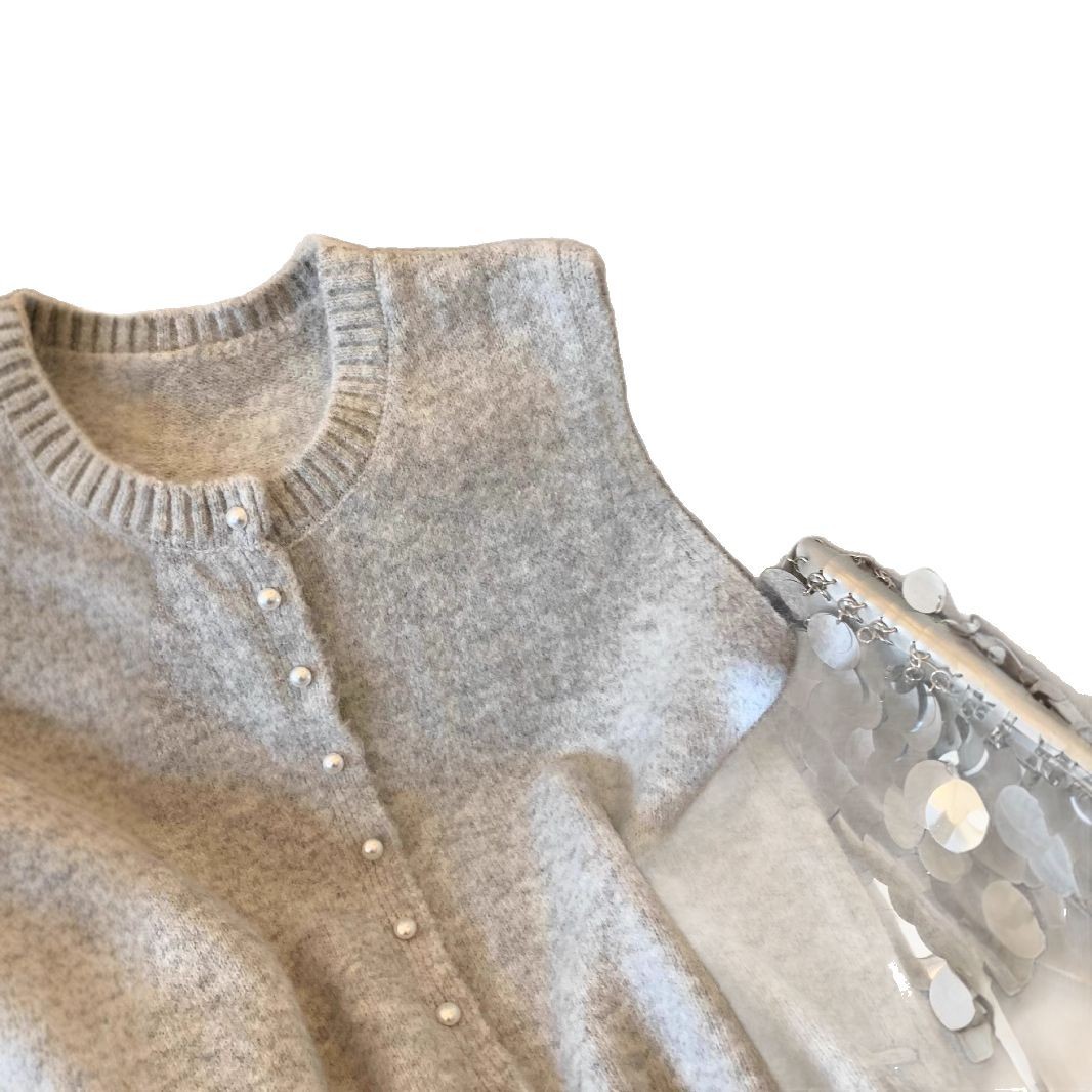 レディースベスト 韓国風ニットベスト レース裾パール釦 袖なしカーディガン