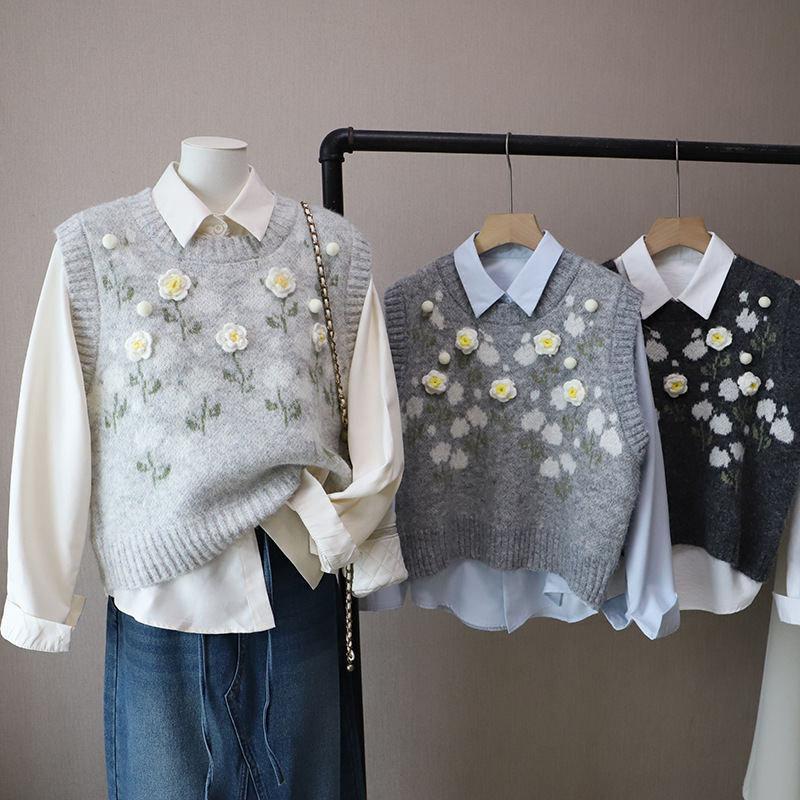 レディースベスト 花柄刺繍ニットベスト重ね着風韓国風レディーストップス