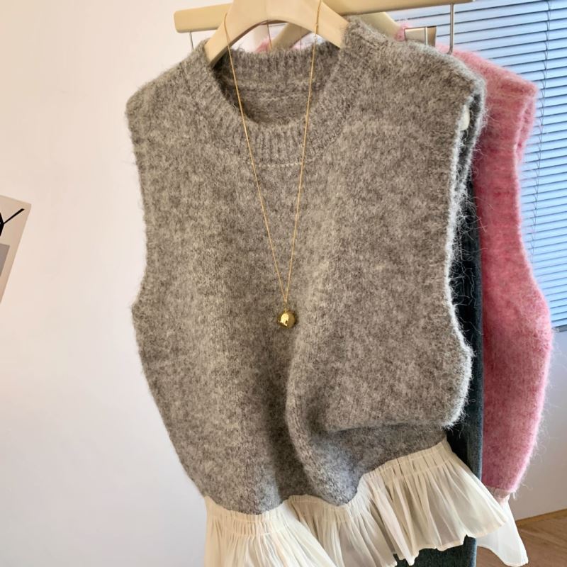 レディースベスト 韓国風ニットベスト裾フリル付き レディース