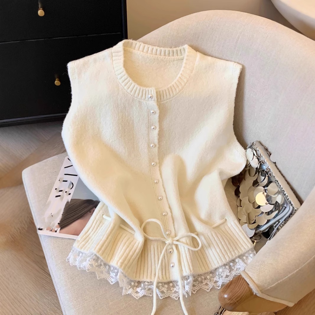 レディースベスト 韓国風ニットベスト レース裾パール釦 袖なしカーディガン