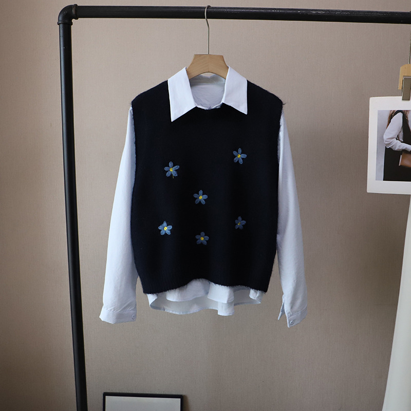 レディースベスト 花刺繍ニットベストセット 白シャツ重ね着風 韓国風
