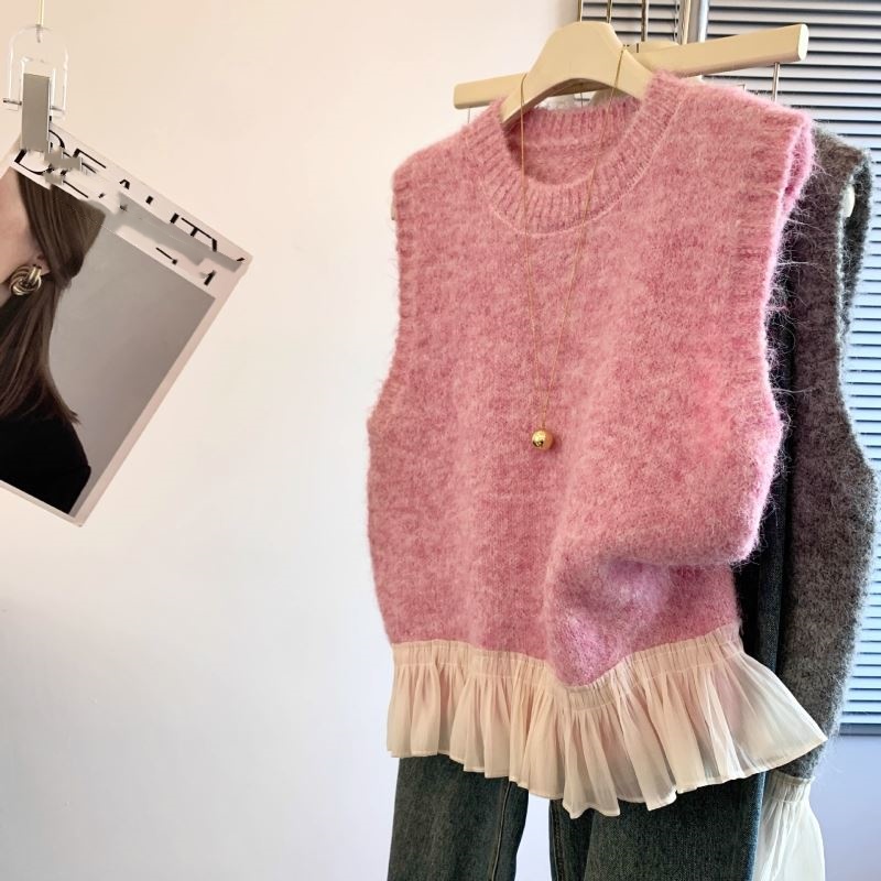 レディースベスト 韓国風ニットベスト裾フリル付き レディース