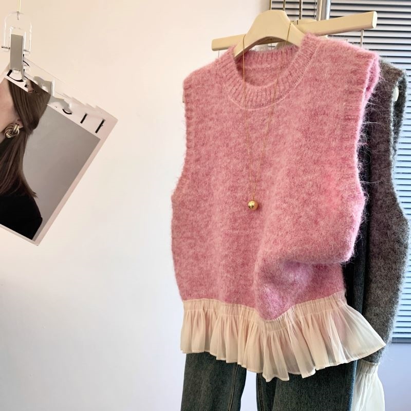 レディースベスト 韓国風ニットベスト裾フリル付き レディース
