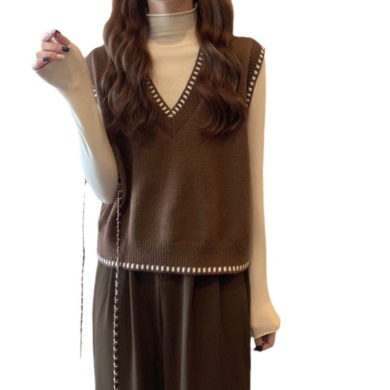 レディースベスト パール風装飾付きブイネックニットベスト