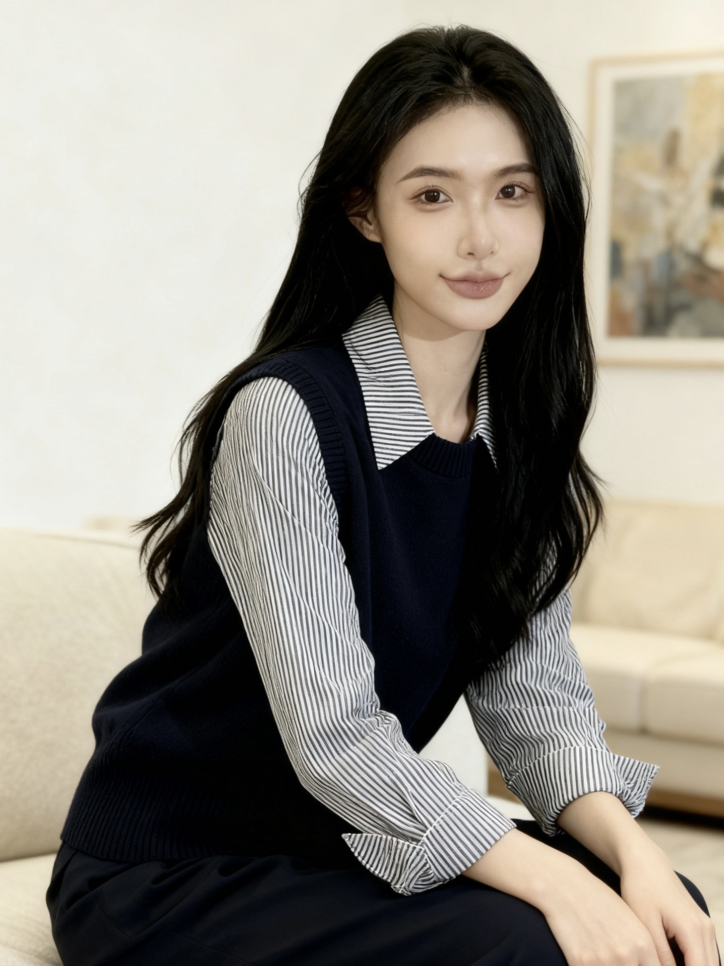 レディースベスト 新作ニットベスト ストライプシャツ重ね着風セット