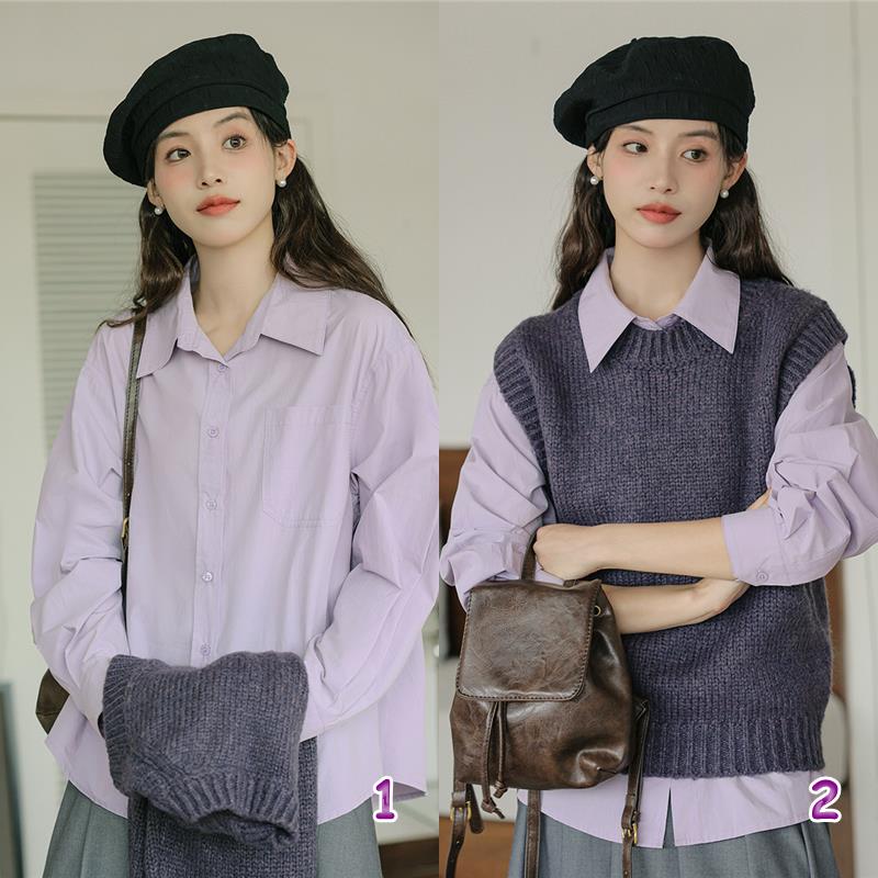 レディースベスト レディースニットベスト重ね着風長袖ブラウス2色セット