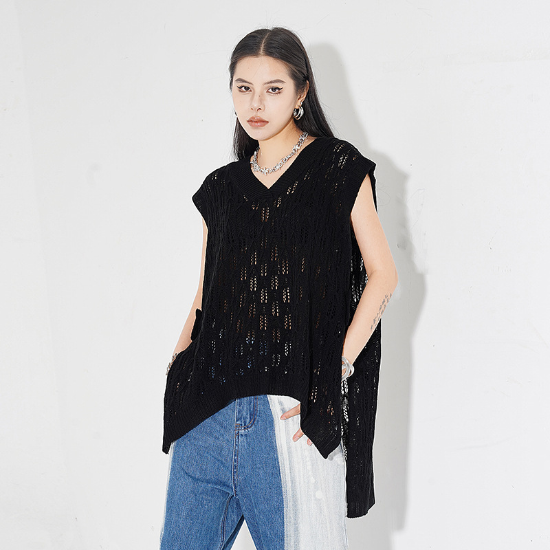 レディースベスト 透かし編みニットベスト女性用春夏袖なし