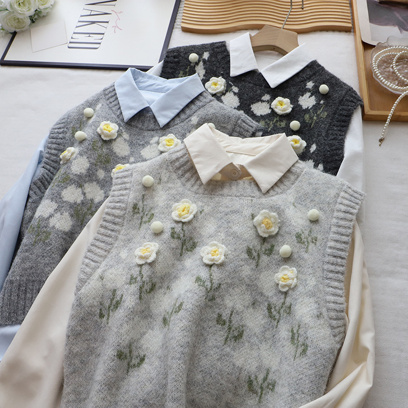 レディースベスト 花柄刺繍ニットベスト重ね着風韓国風レディーストップス