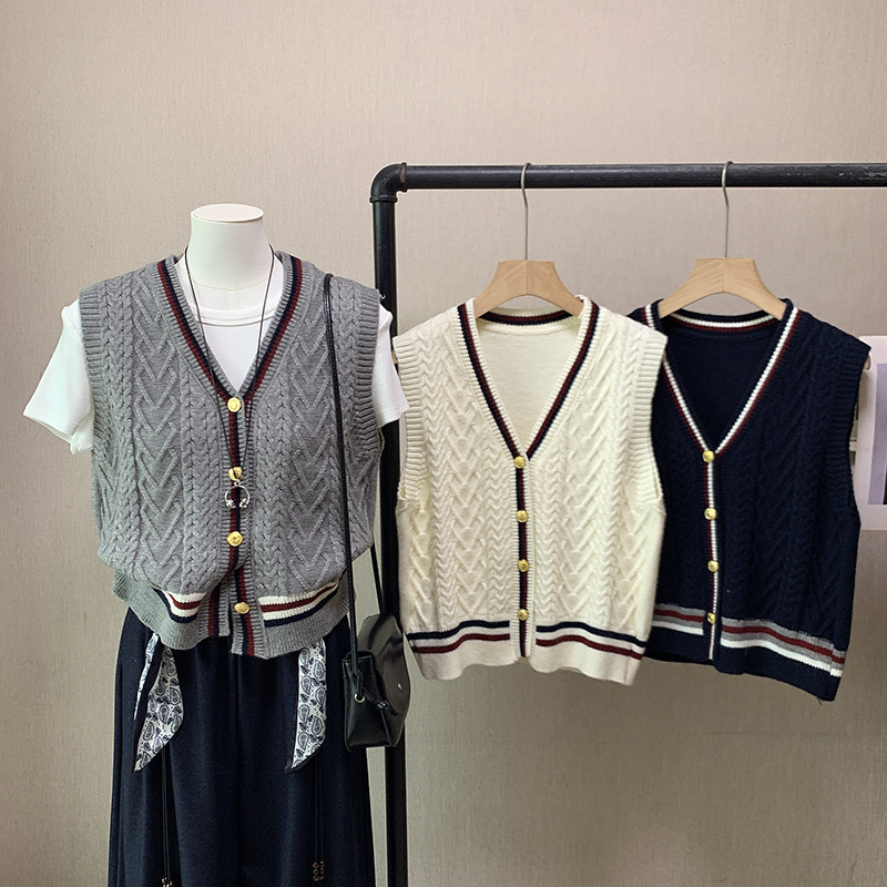 レディースベスト 韓国風ニットベスト レディース 編み込み模様 3色展開