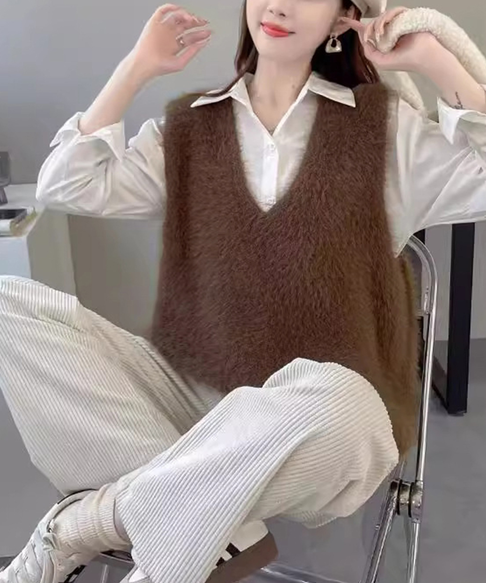 レディースベスト ふわふわ起毛フェザーニット ブイネックベスト