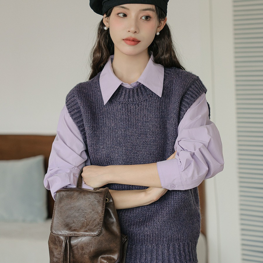 レディースベスト レディースニットベスト重ね着風長袖ブラウス2色セット