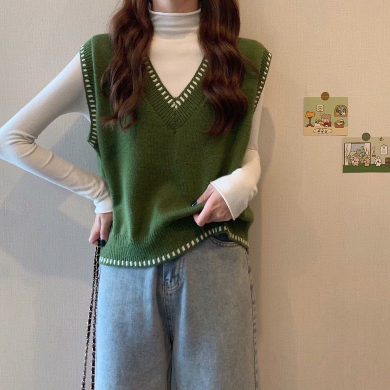 レディースベスト パール風装飾付きブイネックニットベスト