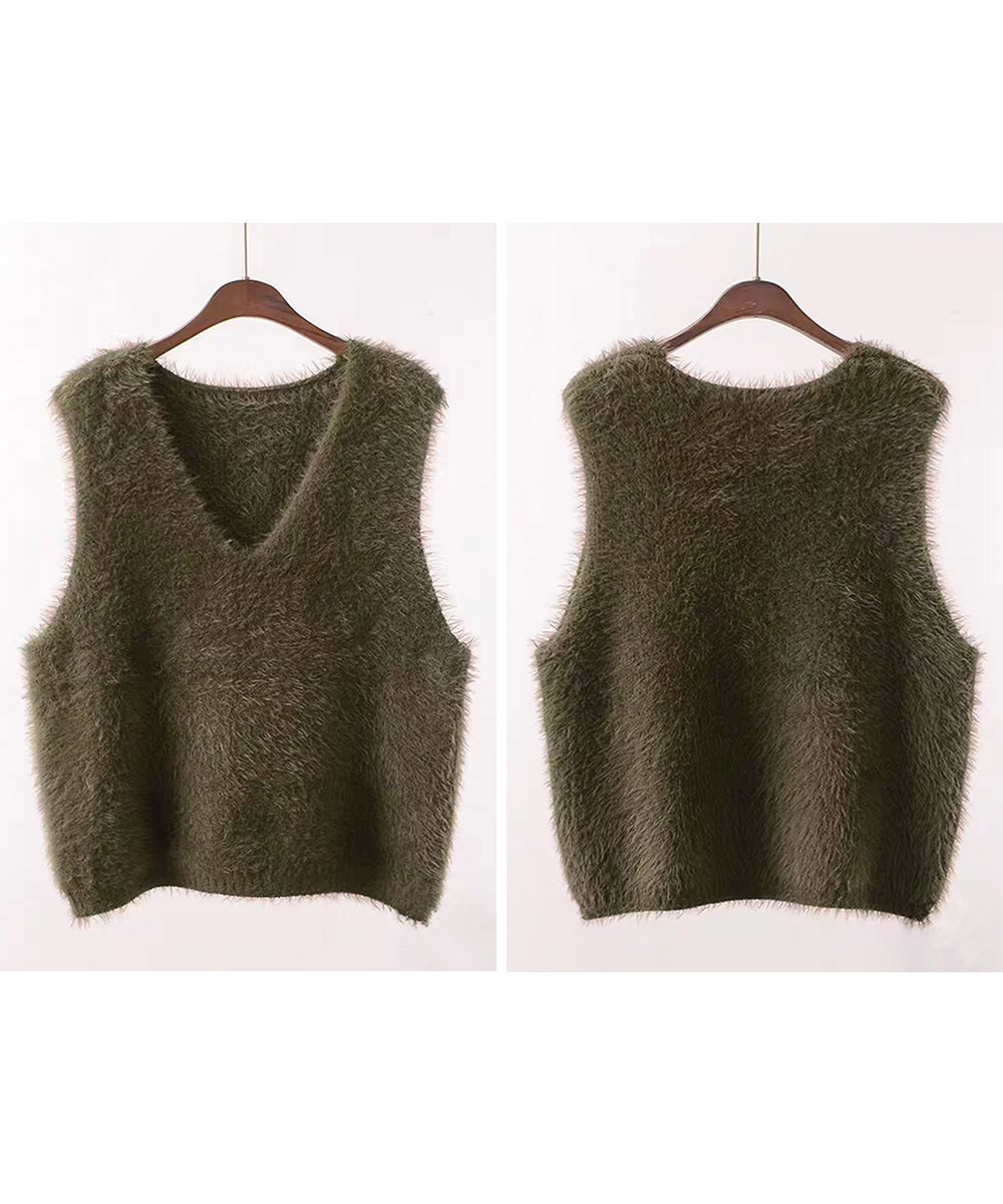 レディースベスト ふわふわ起毛フェザーニット ブイネックベスト